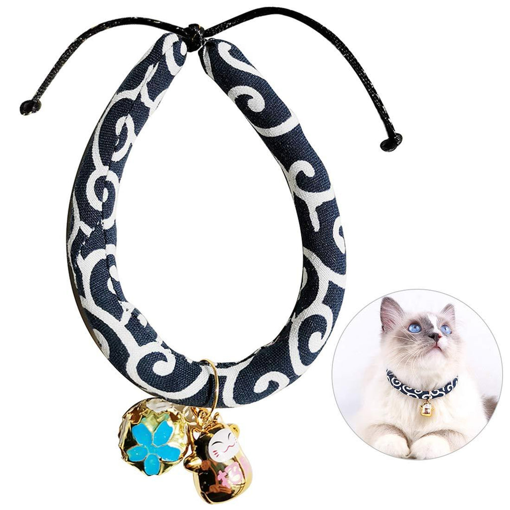 JOYPAWS Japanese Chirimen Kimono Cat Collar with Bell for Kitten Puppy Pet, Adjustable Cat Collars with Fortune X-Small A-Navy wave - PawsPlanet Australia