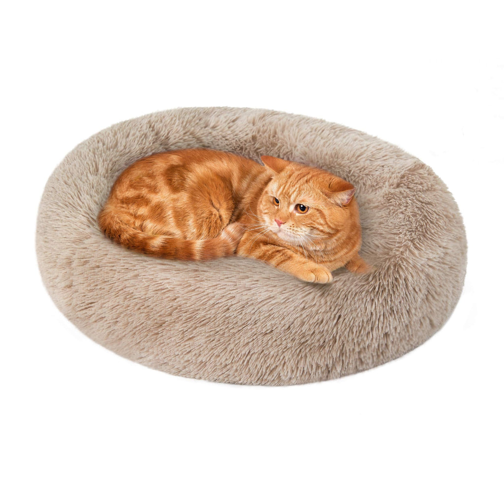 [Australia] - Love's cabin Cat Beds for Indoor Cats - Cat Bed with Machine Washable, Waterproof Bottom - Fluffy Dog and Cat Calming Cushion Bed for Joint-Relief and Sleep Improvement 20" Beige Taupe 