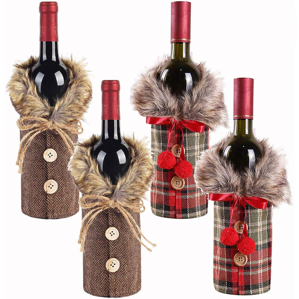 DTDR 4 Pieces Christmas Wine Bottle Covers Sweater Linen Plaid Wine Bottle Dress Clothes Wine Bottle Bags with Faux Fur Collar And Button Coat Design for Xmas Party Decorations - PawsPlanet Australia