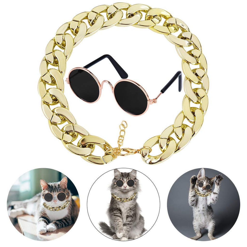 Legendog Glasses for Cats, 2pcs Cat Glasses Cat Gold Chain and Cat Sunglasses, Fashion Cool Pet Sunglasses Adjustable Pet Gold Chain Set for Cats and Small Dogs - PawsPlanet Australia