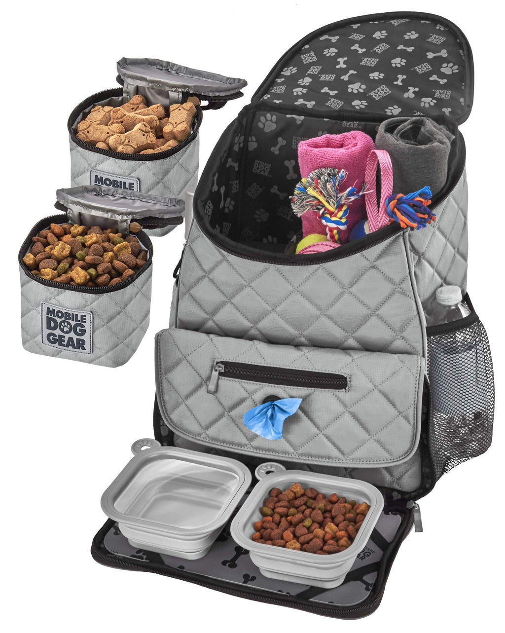 Mobile Dog Gear, Dog Travel Bag, Deluxe Quilted Weekender Backpack, Includes Lined Food Carriers and 2 Collapsible Dog Bowl Gray - PawsPlanet Australia