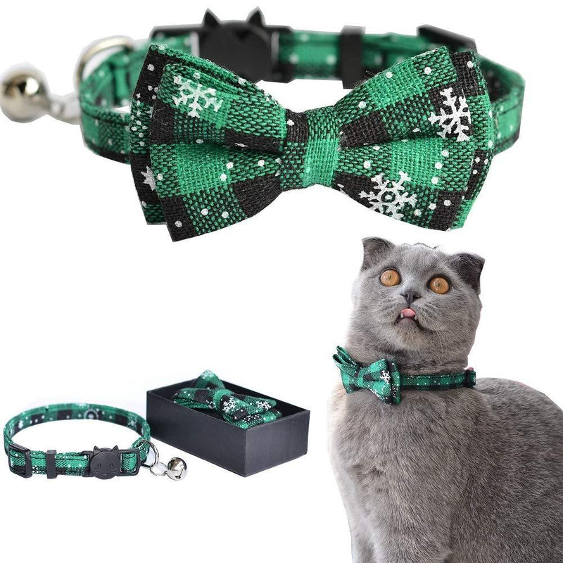 [Australia] - M-YOUNG Cat Collar Breakaway with Bell and Bow Tie, Plaid Design Adjustable Safety Kitty Kitten Collars(6.8''-10.8'') (11) Snow(Green) 