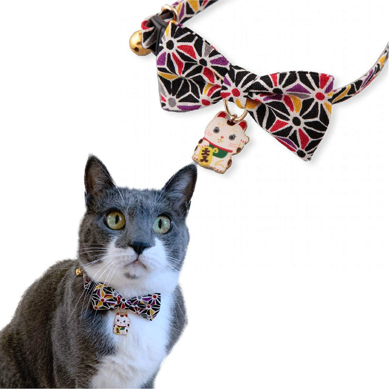 Necoichi Lucky Cat Charm Bow Tie Cat Collar Black - PawsPlanet Australia