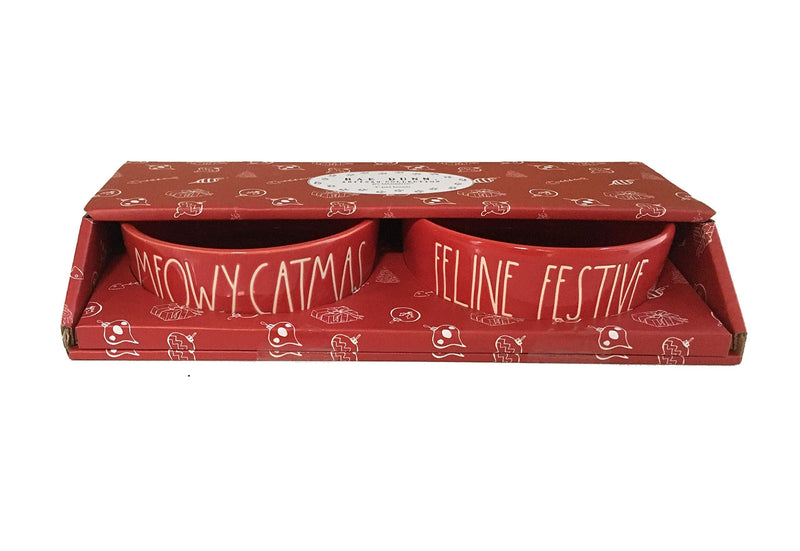 [Australia] - Rae Dunn by Magenta Holiday Ceramic Pet/Cat/Dog 4" Pet Bowls- Set of 2- Meowy Christmas & Feline Festive- Red Bowl with White Large Letters LL 
