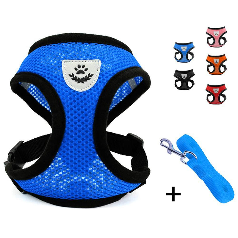 [Australia] - INVENHO Mesh Harness with Padded Vest for Puppy and Cats No Choke Design Ventilation Gift with Leash Small (Neck 11in) Blue 