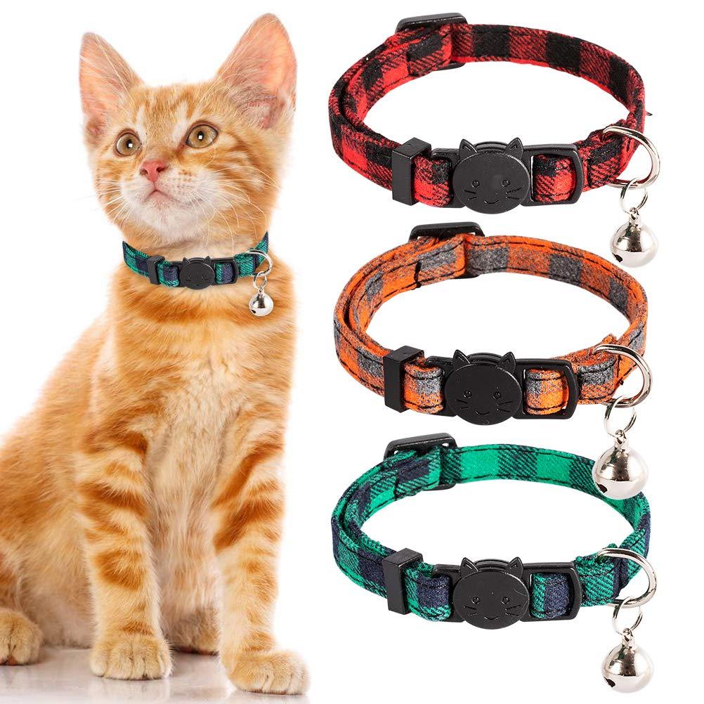 [Australia] - PUPTECK Cat Collar with Bell - 3 Pack Plaid Breakaway Cat Collar Set, Adjustable Safety Puppy Collars,Orange Red Green Orange 