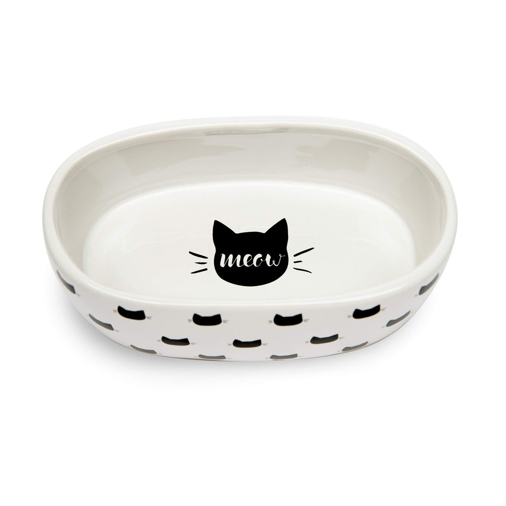 [Australia] - Park Life Designs Oval Cat Dish, 5-1/4 inch Heavyweight Ceramic Saucer Stays Put, Chew-Proof, Microwave and Dishwasher Safe Monty, Black and White 