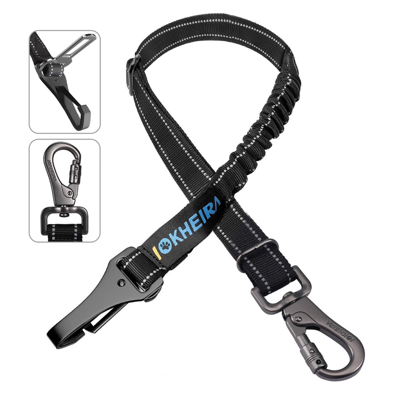 IOKHEIRA Dog Seat Belt 3-in-1 Car Harness for Dogs Adjustable Safety Seatbelt for Car Durable Nylon Reflective Bungee Fabric Tether with Clip Hook Latch & Buckle, Swivel Zinc Alloy Carabiner Black - PawsPlanet Australia