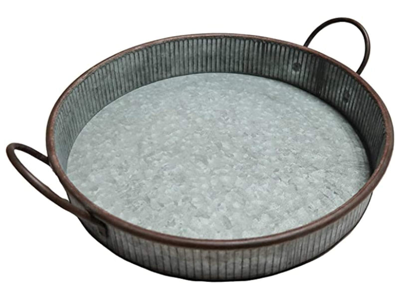 MANDII Galvanized Round Serving Tray with Handles | 13" Farmhouse Trays | Decorative Centerpiece for Coffee Table | Rustic Decor Kitchen and Dining Room | Indoor&Outdoor Silver Decoration - PawsPlanet Australia