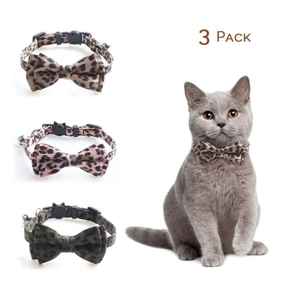 [Australia] - 3 Pack Breakaway Cat Collar with Bow Tie & Bell, Cute Leopard Pattern Dog Bow Ties, Safety Kitty Collars, Soft Decorative Pet Bowties for Cats & Small Medium Large Dogs, Adjustable from 7.3''-10.6'' 