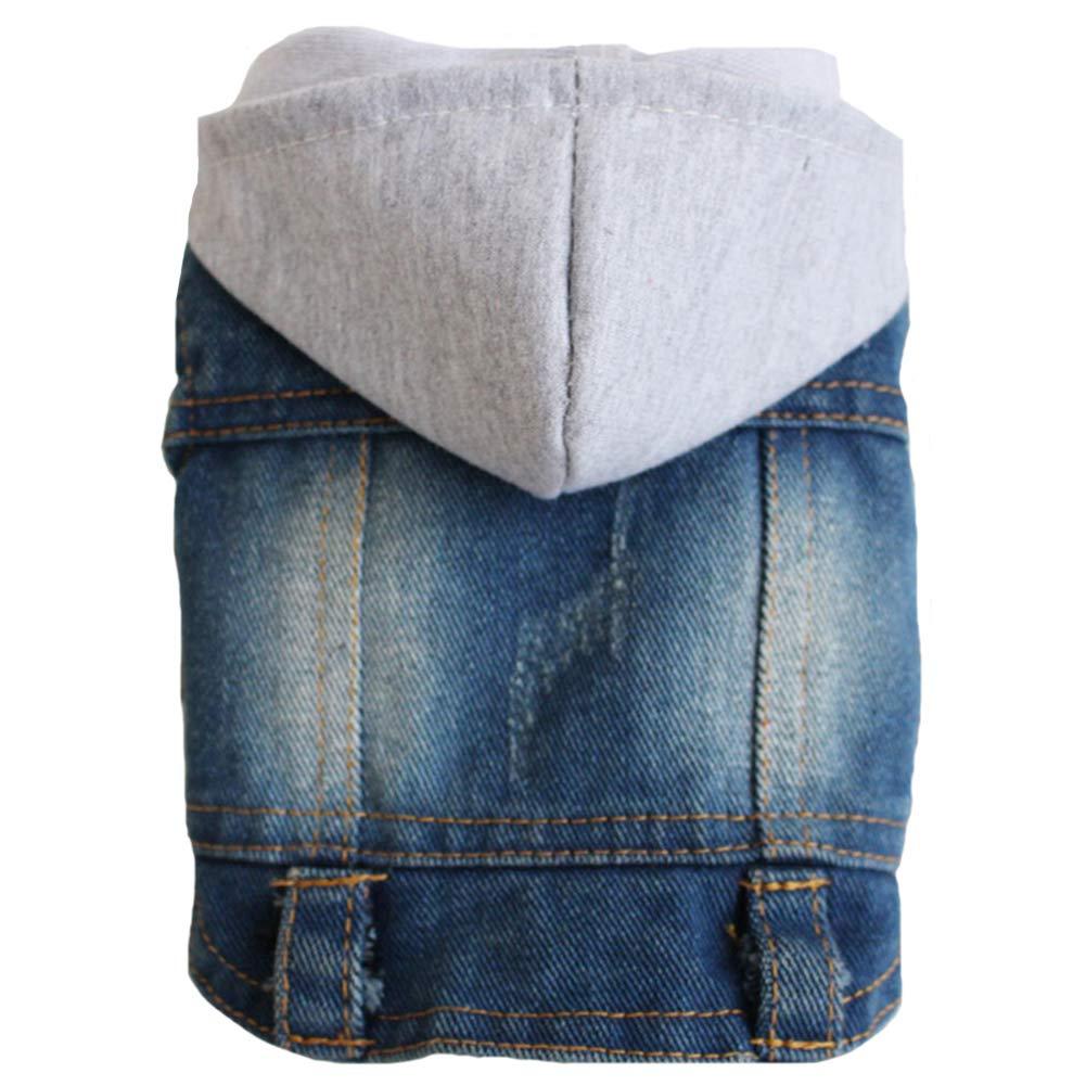 Tengzhi Dog Jeans Jacket Cat Dog Denim Vest Pet Hooded Cool Boys and Girls Coat Puppy Clothes for Small Medium and Large Dogs X-Small Gray Hat - PawsPlanet Australia