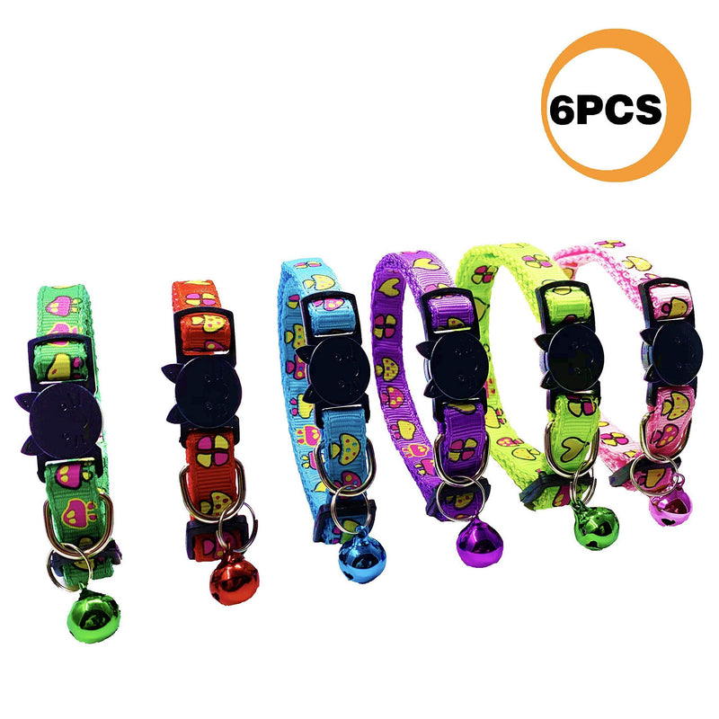 [Australia] - PACCOMFET 6 Pcs Breakaway Cat Collars Printed Cute Pattern Adjustable Colorful Nylon Safety Pet Collar with Bells 