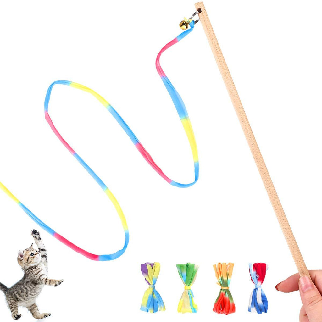 Interactive Cat Toys Rainbow Cat String Toy with Bell, Replaceable Wood Cat Wand with 5PCS Colorful Fabric Ribbon Refills, Safe Cat Catcher Teaser Stick Toy for Kittens Training Pets Exerciser - PawsPlanet Australia