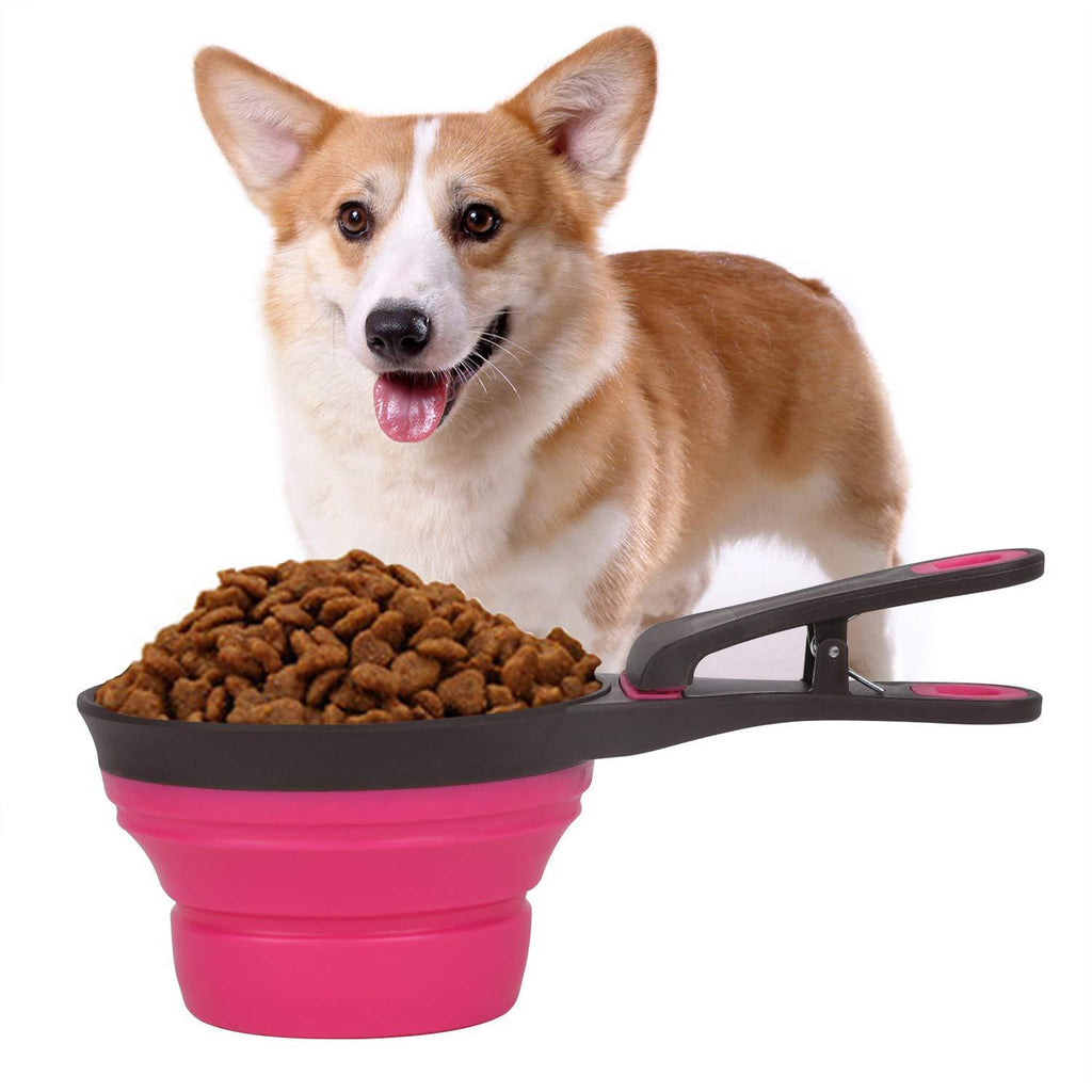[Australia] - Multi-Function Collapsible Pet Scoop for Dog Cat Food Water Bowls Foldable Bag Clip for Pets Collapsible Measuring Cups and Measuring Spoons - Portable Food Grade Silicone for Liquid and Dry Measuring Pink 