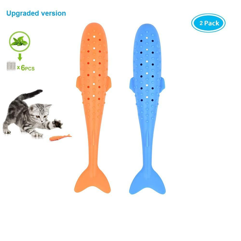 [Australia] - New Version 2 Pieces Cat Catnip Chew Toy Fish Shape Pet Interactive Toy Durable Enviromental Silicone Cleaning Tooth Brush for Cat Kitten 