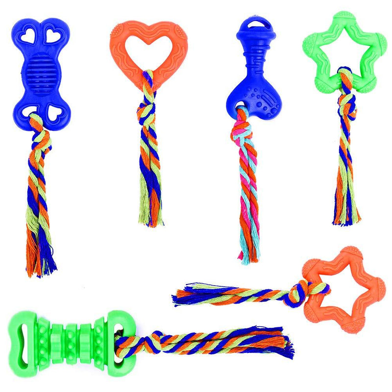 [Australia] - PUPTECK Puppy and Small Dog Chew Toys with Soft Rope - 6 Pack Safe Natural Rubber Toys for Teething Cleaning, Interactive Outdoor Game, Cute and Durable, Orange Green Blue 