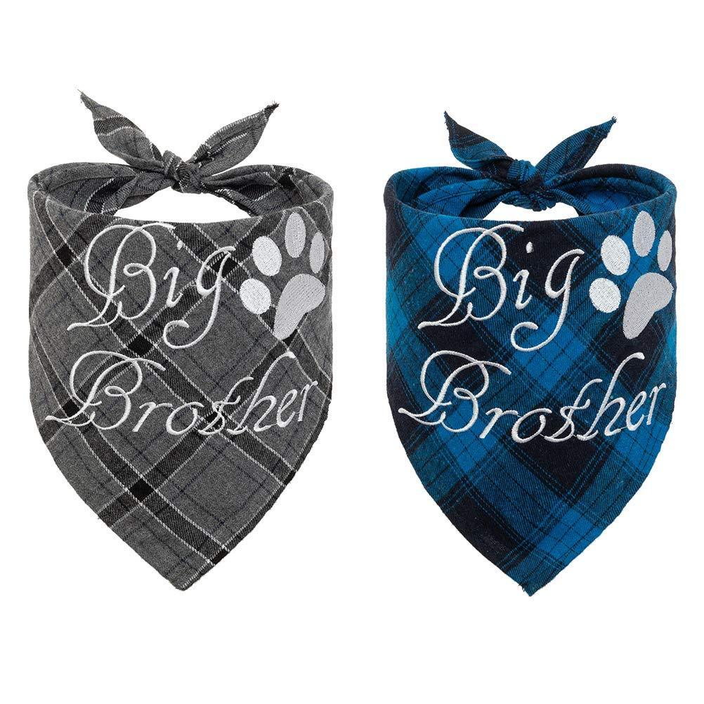 EXPAWLORER Plaid Dog Bandana Scarf - 2 Pcs Embroidery of Big Brother Washable Cotton Triangle Accessories for Small Medium Large Dogs Puppies Pets, Blue and Grey - PawsPlanet Australia