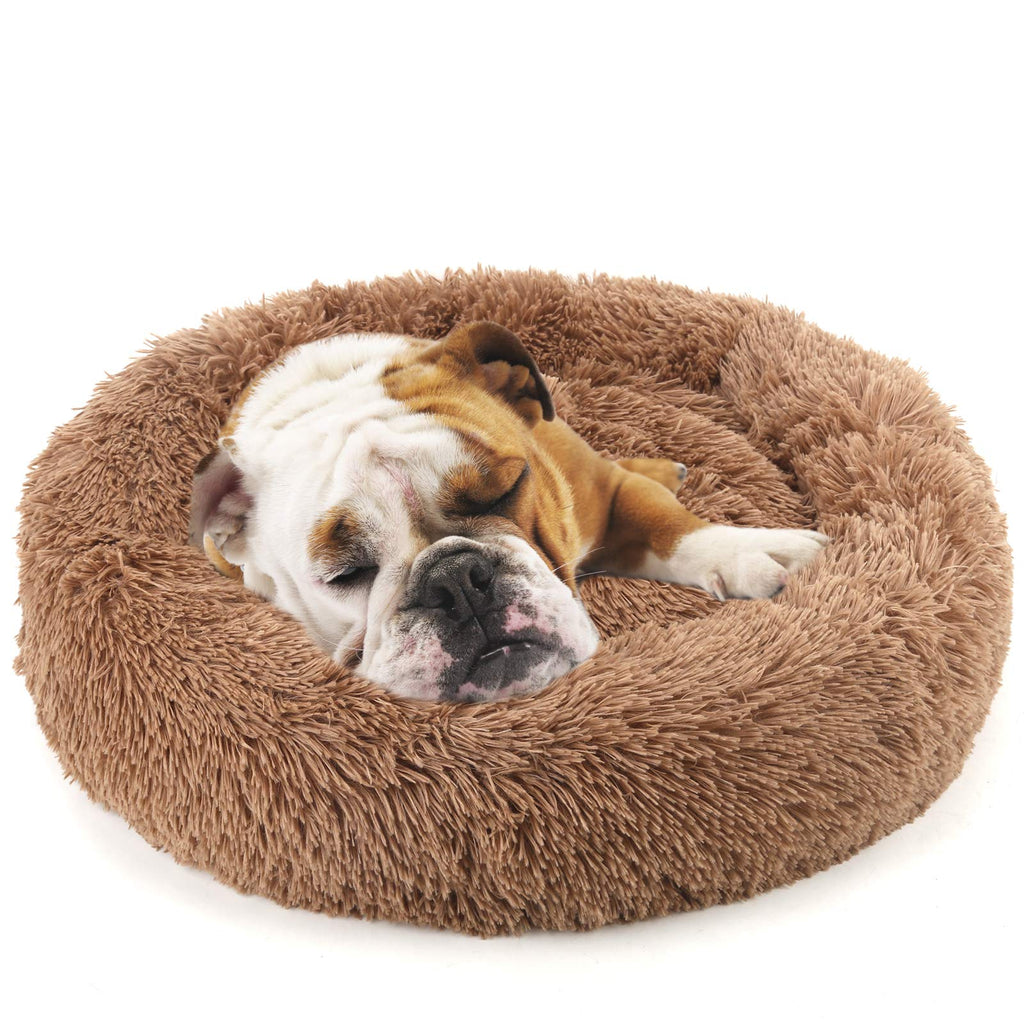 NOYAL Calming Dog Beds Anti-Anxiety Donut Dog Bed Washable Faux Fur Dog Cat Bed Comfy Cuddler Pet Bed Fluffy Plush Pet Cushion Bed for Small Medium Dog and Cat X-Small 15.7'' Brown - PawsPlanet Australia