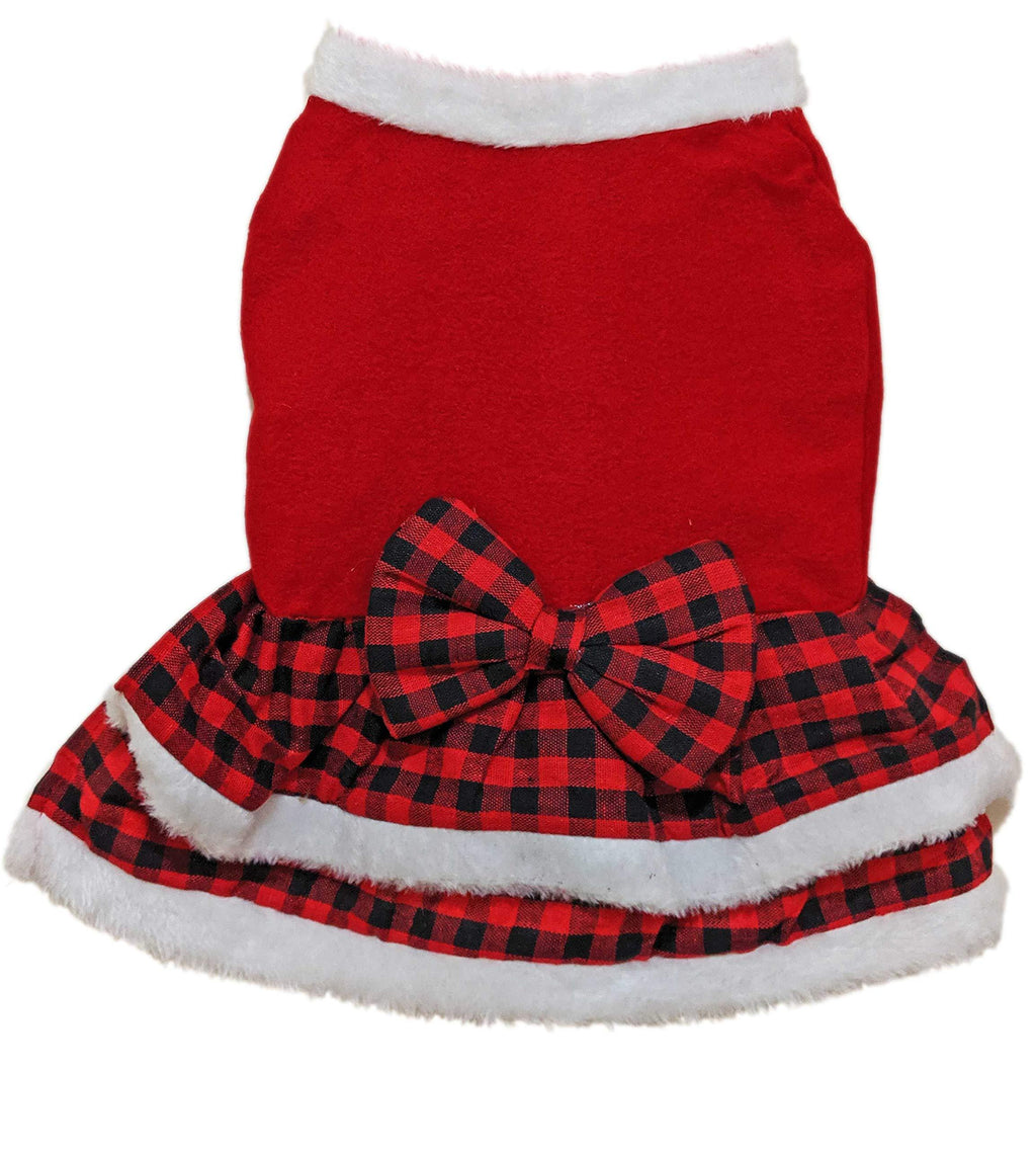 Happy Packs Christmas Dress for Pet Dog Cat - Red with White Plush Trimmings Buffalo Plaid Check Skirt and Bow Buffalo Plaid Gingham Medium - PawsPlanet Australia