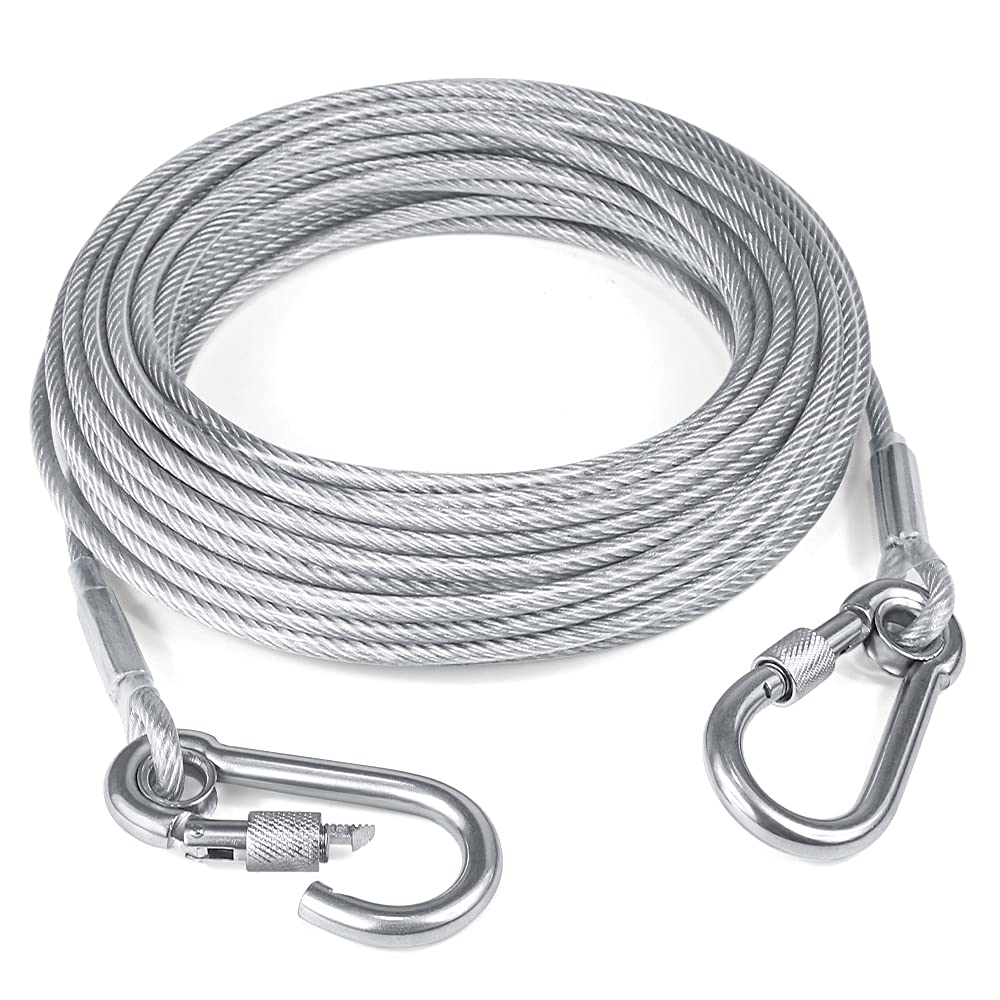 Tresbro 15/30/50Ft Reflective Dog Tie Out Cable for Dogs Up to 250lbs, Steel Wire Dog Leash Cable with Stainless Dual Fix Buckle, Lightweight and Durable, Dog Chains Outside for Outdoor,Yard,Camping 250lbs 15FT Sliver - PawsPlanet Australia