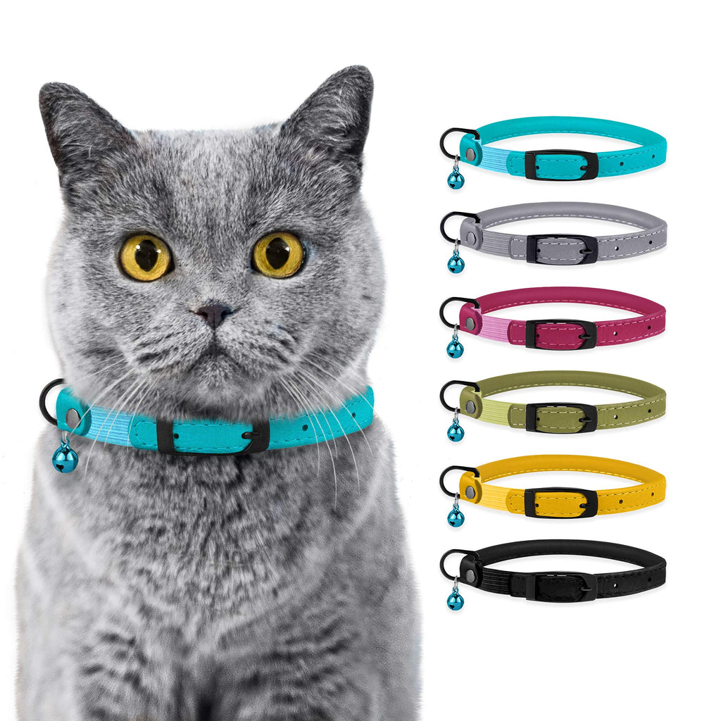 BRONZEDOG Cat Collar with Bell Safety Rolled Leather Collars for Cats Kitten Black Blue Pink Green Yellow Grey 8" - 10" Aqua Blue - PawsPlanet Australia