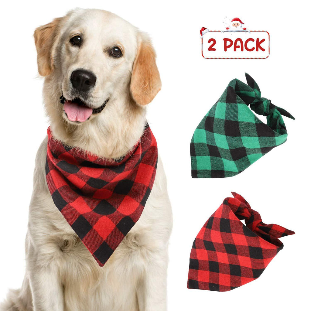 Slopehill Dog Bandana Large, 2pcs Buffalo Plaid Double Cotton Triangle Kerchief Scarf Drool Bibs for Puppy Large Dogs Cats Pets, Red and Green - PawsPlanet Australia