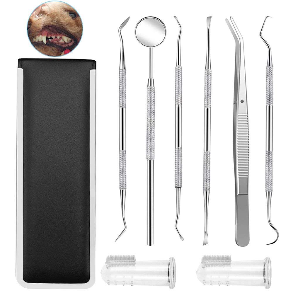 Sonku 6 Pcs Pet Tooth Scaler Tool Kit, Stainless Steel Pet Teeth Cleaning Tool Double Header Tartar Remover/Tweezer/Scrapers/Dental Mirror with 2 Pcs Finger Toothbrushes for Dogs and Cats - PawsPlanet Australia