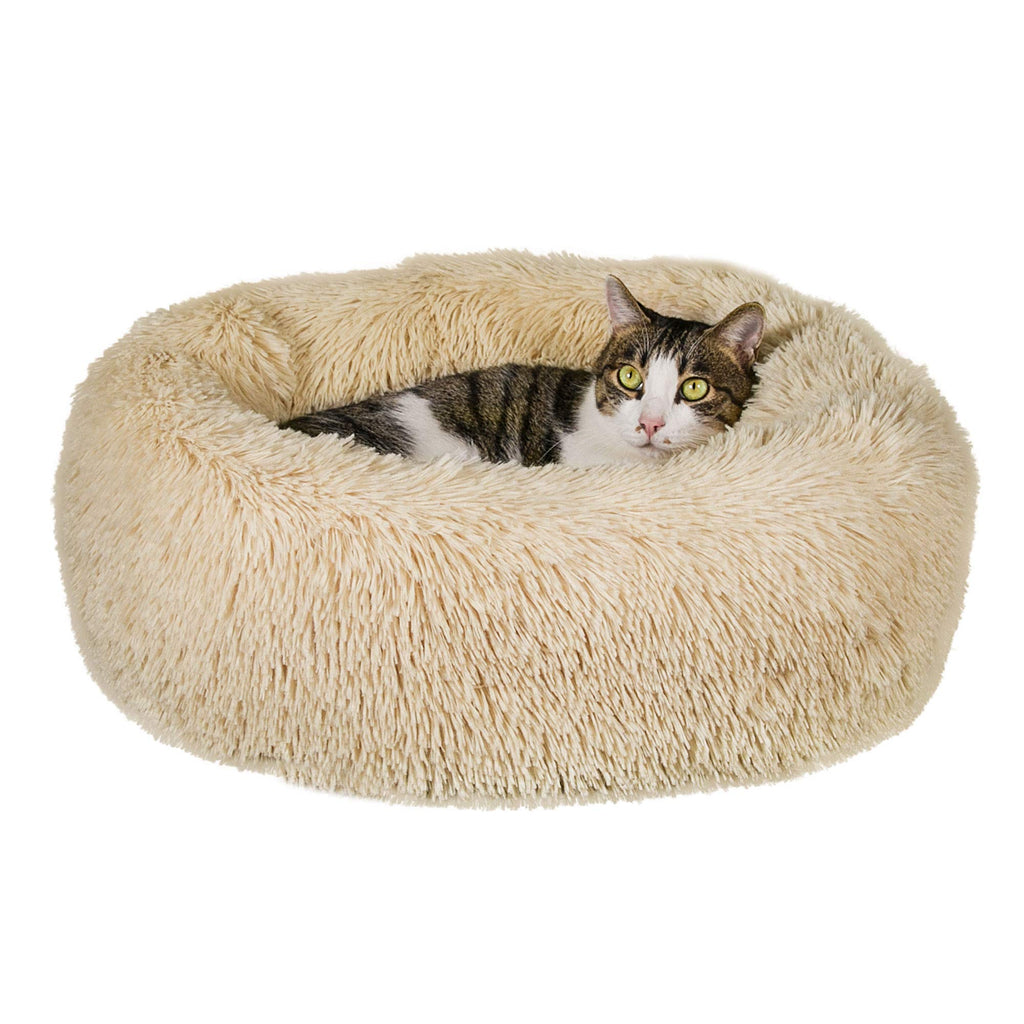Qucey Dog Cat Bed Soft Comfortable Faux Fur Donut Cuddler, Self-Warming Fluffy Dog and Cat Calming Cushion Bed with Non-Slip Bottom for Joint-Relief and Improved Sleep 23" Beige - PawsPlanet Australia