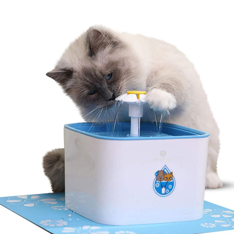 [Australia] - SunGrow Pet Water Fountain with Adorable 13” (33cm) Splash Mat, Very Quiet, Easy to Assemble and Clean, 3 Filters Included, 84oz (2.5 L) Water Reservoir, Vet Recommended, Continuous Fresh Water 