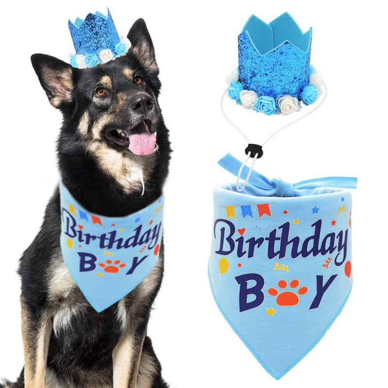 [Australia] - Dog Birthday Bandana Boy Scarf and Crown Dog Birthday Hat, Flower Headwear for Medium to Large Dogs Blue 