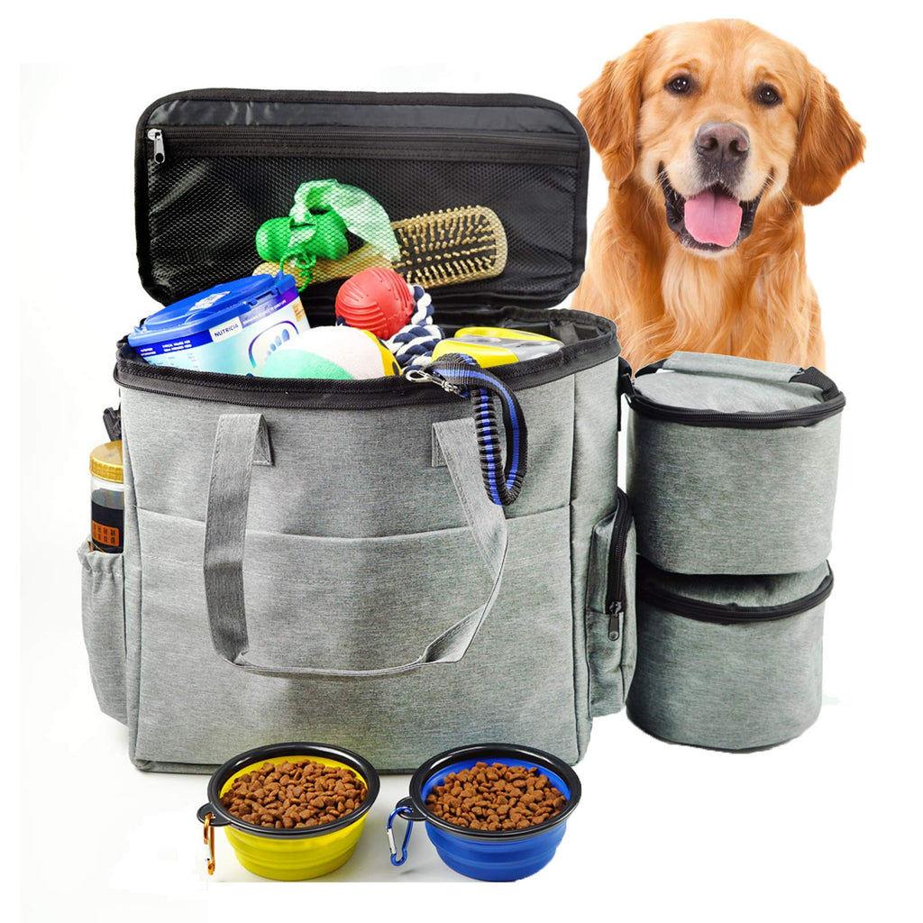 [Australia] - Gimehome Dog Travel Bag Airline Approved Travel Set for Dogs of Stores All Your Dog Accessories - Includes Travel Bag, 2X Food Storage Containers and 2X Collapsible Dog Bowls Grey 