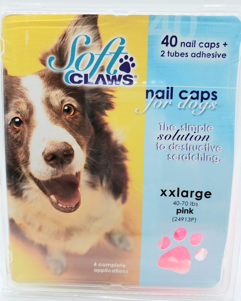 [Australia] - Soft Claws Canine Nail Caps - 40 Nail Caps Adhesive Dogs, XX LG 40-70 LBS, Solid Pink 