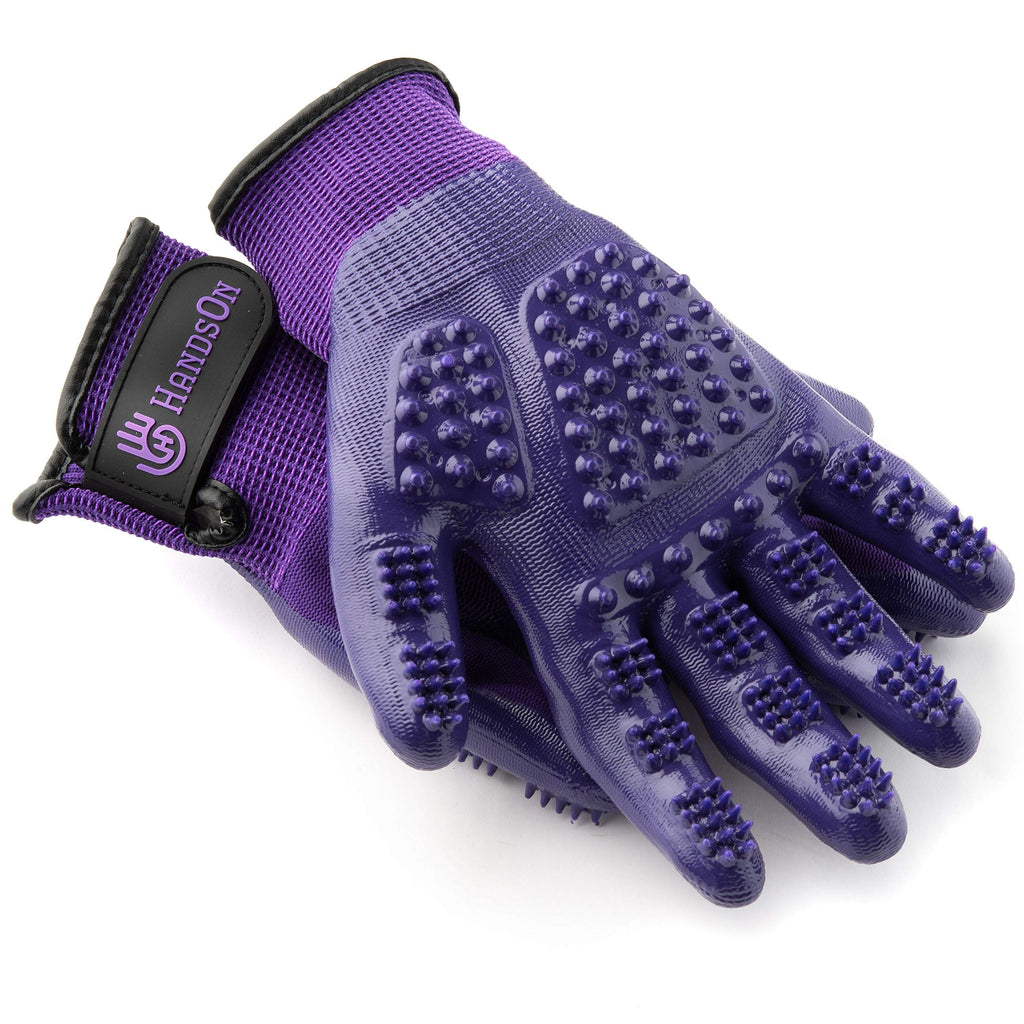 [Australia] - HandsOn Pet Grooming Gloves - Patented #1 Ranked, Award Winning Shedding, Bathing, & Hair Remover Gloves - Gentle Brush for Cats, Dogs, and Horses Mono-Purple Medium 