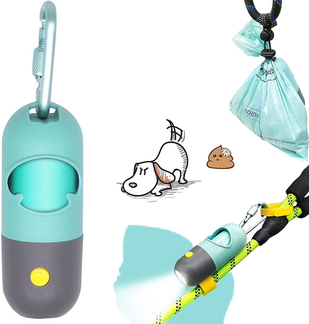 YUCHIYA Dog Poop Bag Dispenser with Flashlight|Dog Poop Bag Holder with Leash Clip|Hands-Free Leash Poop Bag Holder with Straps and 1 Roll Dog Waste Bags (Crystal Blue) Crystal Blue - PawsPlanet Australia