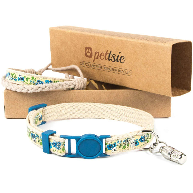 Pettsie Cat Kitten Collar Breakaway Safety and Friendship Bracelet, ID Tag Tube Included, Durable 100% Cotton for Extra Safety, Comfortable and Soft, D-Ring for Accessories, Gift Box Included 5"-8" Neck Blue - PawsPlanet Australia