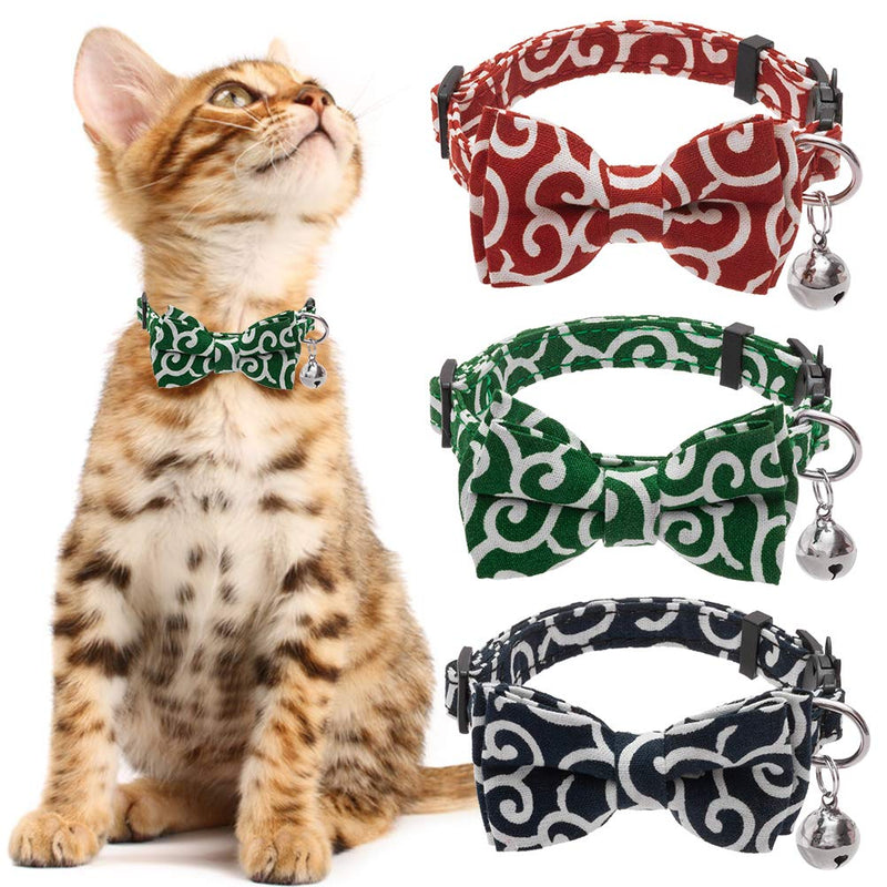 [Australia] - KOOLTAIL Bowtie Cat Collar Breakaway with Bell - 3 Pack Adjustable Collars Japanese Kimono Ninja Style for Cats Kitty Kitten Puppy 