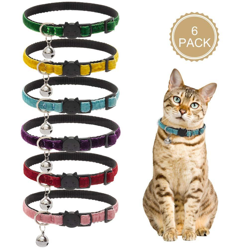 [Australia] - KOOLTAIL Cat Collars Breakaway with Bell - 6 Pack Soft Velvet Kitten Collars Flocking Adjustable Collar for Cats Puppy Kitty 