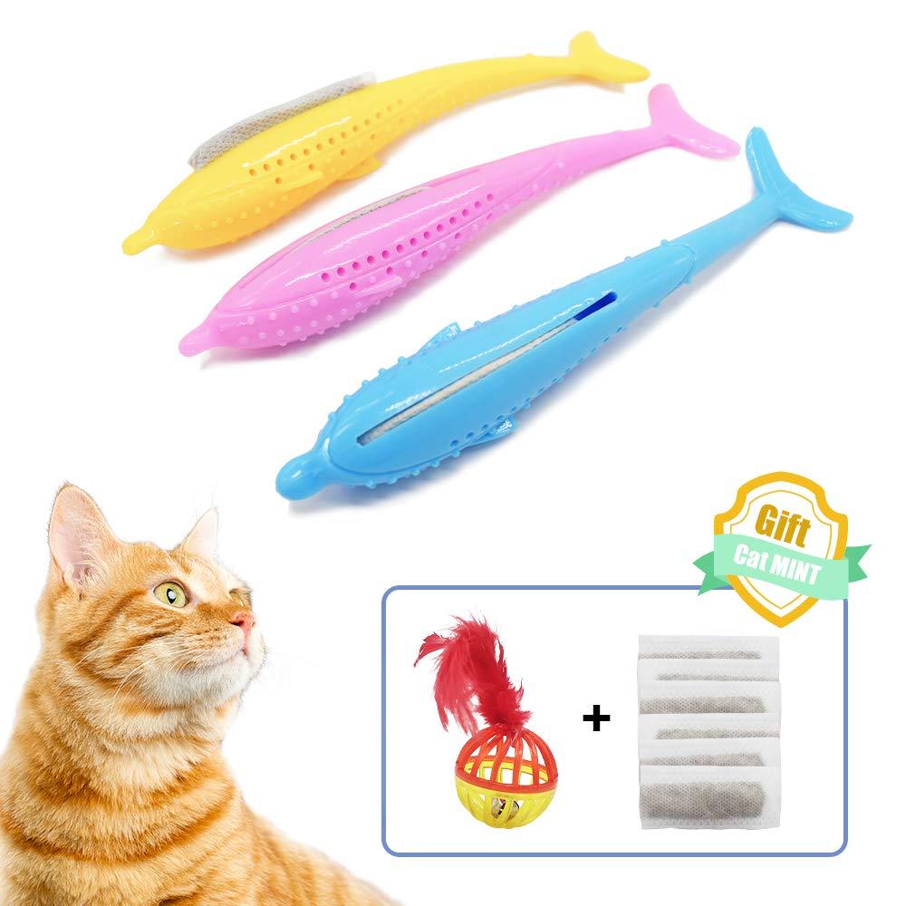 [Australia] - Jmxu's Catnip Toys for Cats Interactive Fish Shape Toothbrush Refillable Catnip Chew Toys for Cats Kitten Teeth Cleaning Blue,Pink&Orange 