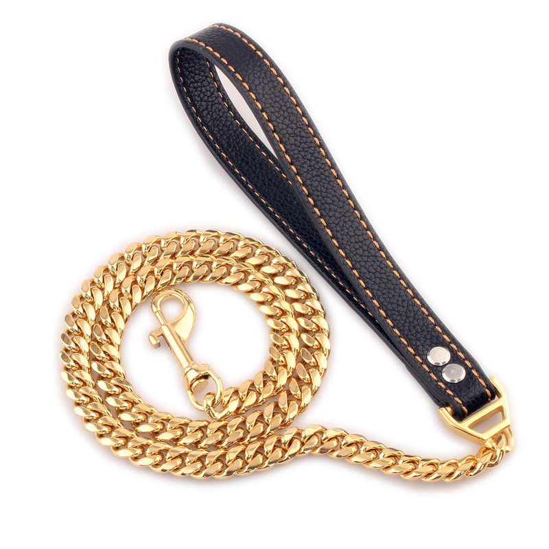 [Australia] - Petoo Heavy Duty Chain Dog Leash with Leather Handle 30inch Metal Dog Leash,18K Gold Chew Proof Indestructible Cuban Link Dog Chain for Large & Medium Dogs 40inch 