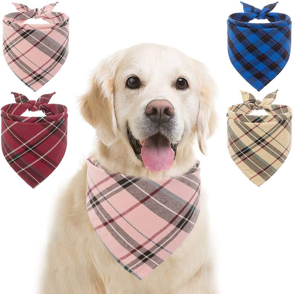 SCIROKKO Plaid Dog Bandana - 4 Pack Cotton Triangle Bibs Scarfs Accessories for Small Medium Large Dogs Pets, Beige Red Pink and Blue - PawsPlanet Australia