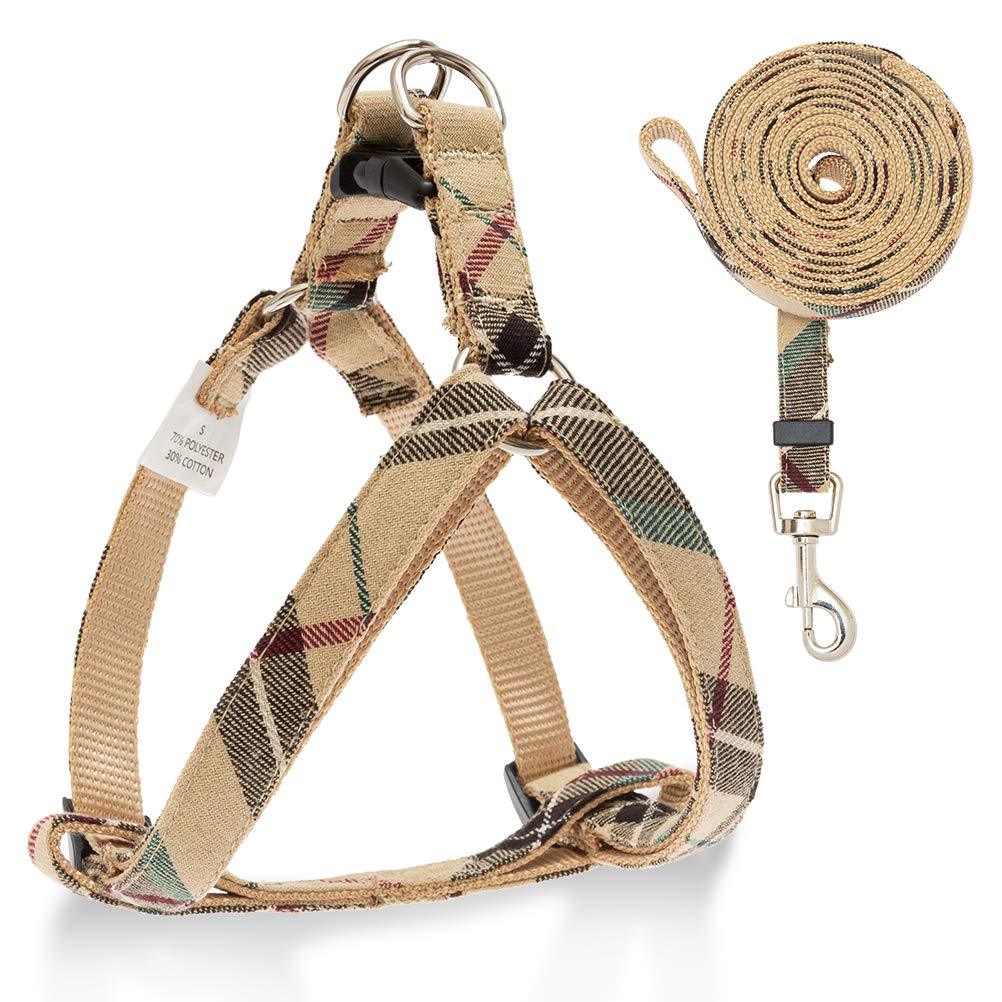 [Australia] - SCIROKKO No Pull Dog Harness and Leash Set - Adjustable Plaid Step in Puppy Basic Harness for Small Medium Dogs Cats S(chest 15.7-22.8in) Beige 