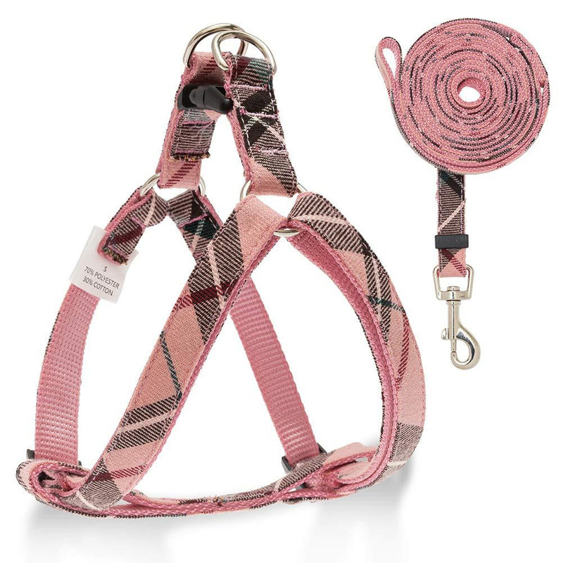 [Australia] - SCIROKKO No Pull Dog Harness and Leash Set - Adjustable Plaid Step in Puppy Basic Harness for Small Medium Dogs Cats S(chest 15.7-22.8in) Pink 