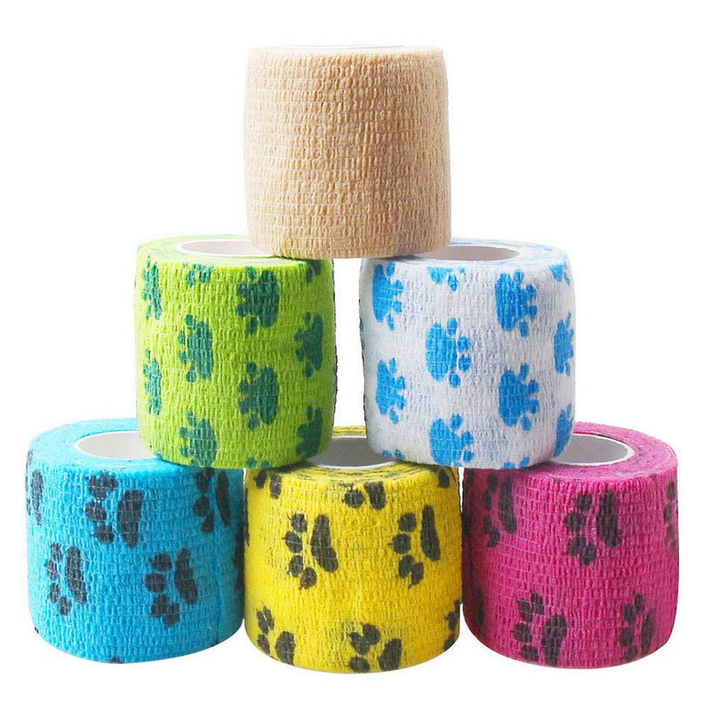 kuou 6 Rolls Pet Vet Wrap, 5cm x 4.5m Self-Adhesive Pet Elastic Bandage Injury Wrap Tape for Wrist, Ankle Sprains & Swelling (Random Design and Colours Delivered) - PawsPlanet Australia