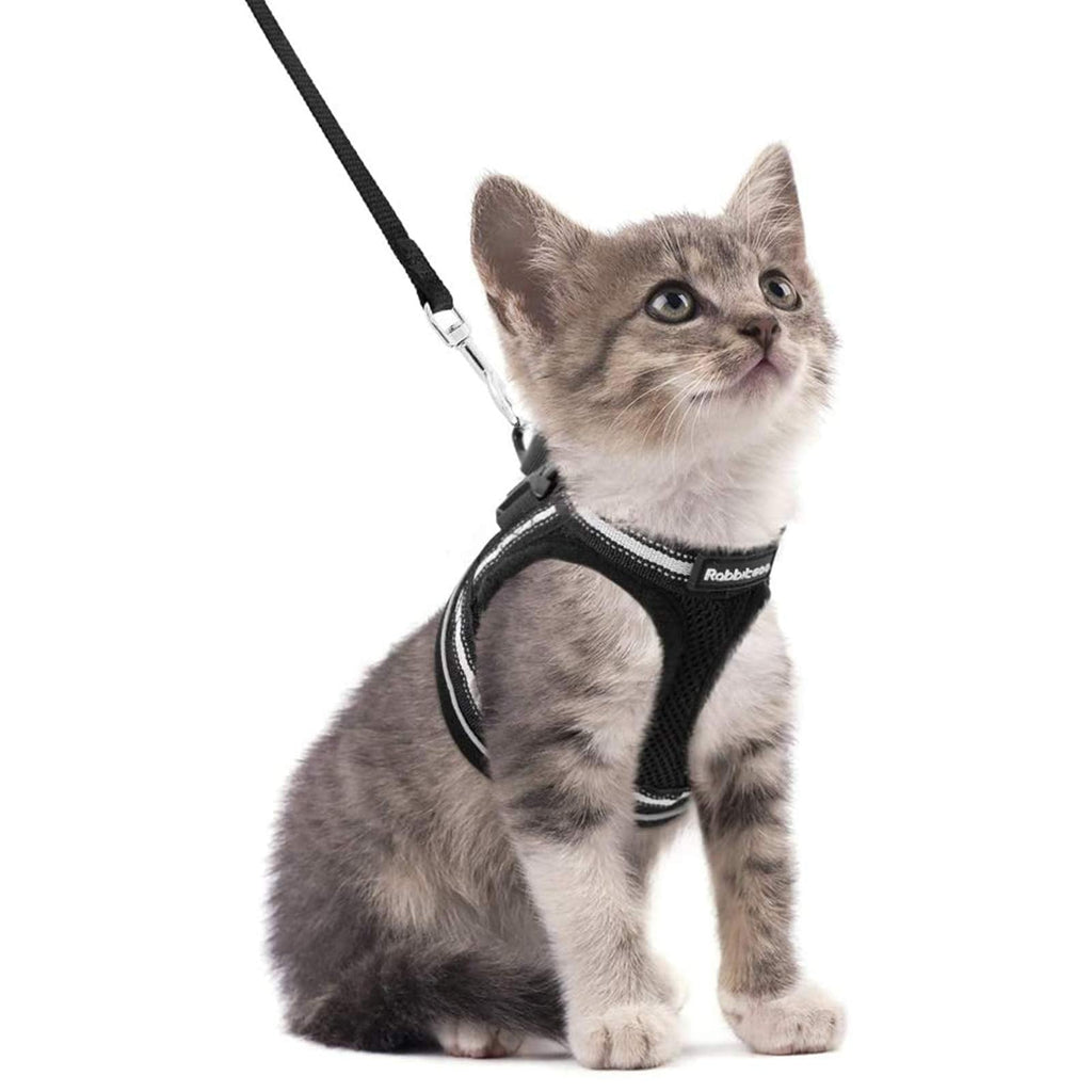 rabbitgoo Cat Harness and Leash Set for Walking Escape Proof, Adjustable Soft Kittens Vest with Reflective Strip for Small Cats, Comfortable Outdoor Vest Black - PawsPlanet Australia