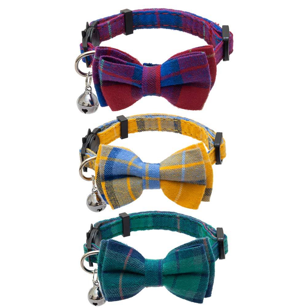 [Australia] - EXPAWLORER Breakaway Cat Collar with Bell and Removable Bowtie - 3 Pcs Cute Plaid Adjustable Safety Collars for Kitty, Puppy, Small Dogs, Colors of Red, Green, Yellow, 8"-12" 