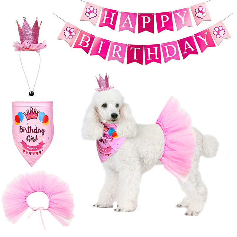 ADOGGYGO Dog Birthday Bandana Girl - Birthday Party Supplies - Pink Tutu Skirt Crown Hat Scarf Happy Birthday Banner Dog Girl Birthday Outfit for Pet Puppy Cat Girl - PawsPlanet Australia