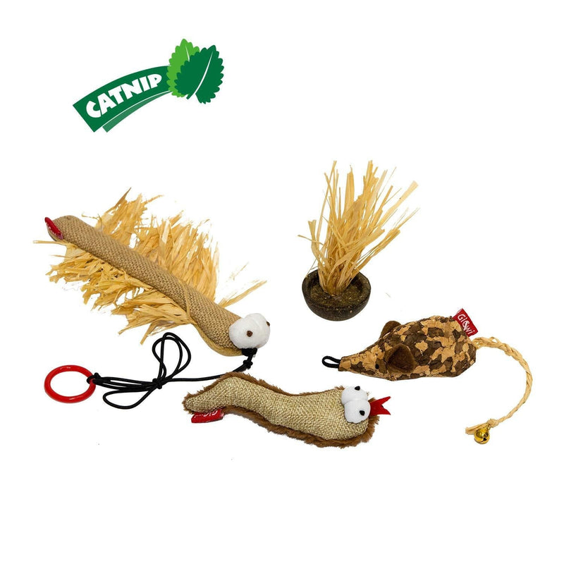 [Australia] - Gigwi Catnip Cat Toys Box-Interactive Cat Toy Feather Teaser for Indoor Cats-Plush Cat Toys Fish 4 Animals Cat Kicker Toy, Fishing Pole Cat Toy Funny Gifts Set, 4 Pack Catnip Cat Toy Box-Natural 