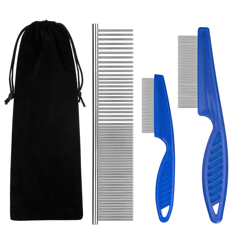 BENSEAO Flea Comb for Cats Dog Comb Lice Comb Metal Teeth Durable Tear Stain Dog Combs Remove Float Hair Combing Tangled Hair Dandruff Pet Comb Grooming Set 3 Pieces Add Storage Pouch (Blue) Blue - PawsPlanet Australia
