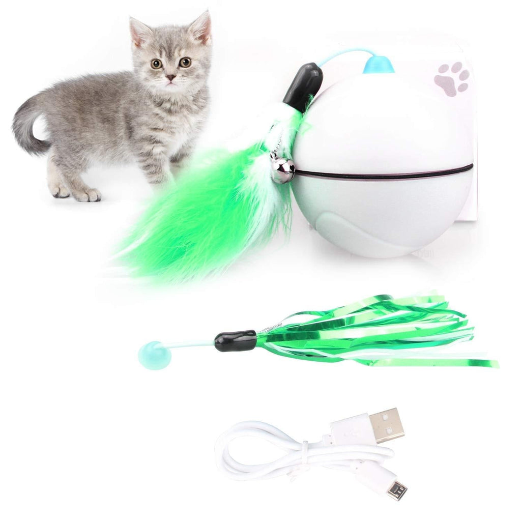 [Australia] - Chriffer Interactive Cat Toy Ball with Colorful Feather Smart Pet Toy Self Rotation Rolling Ball USB Rechargeable Built-in LED Light for Cat Kitty Exercise Chase Play White 