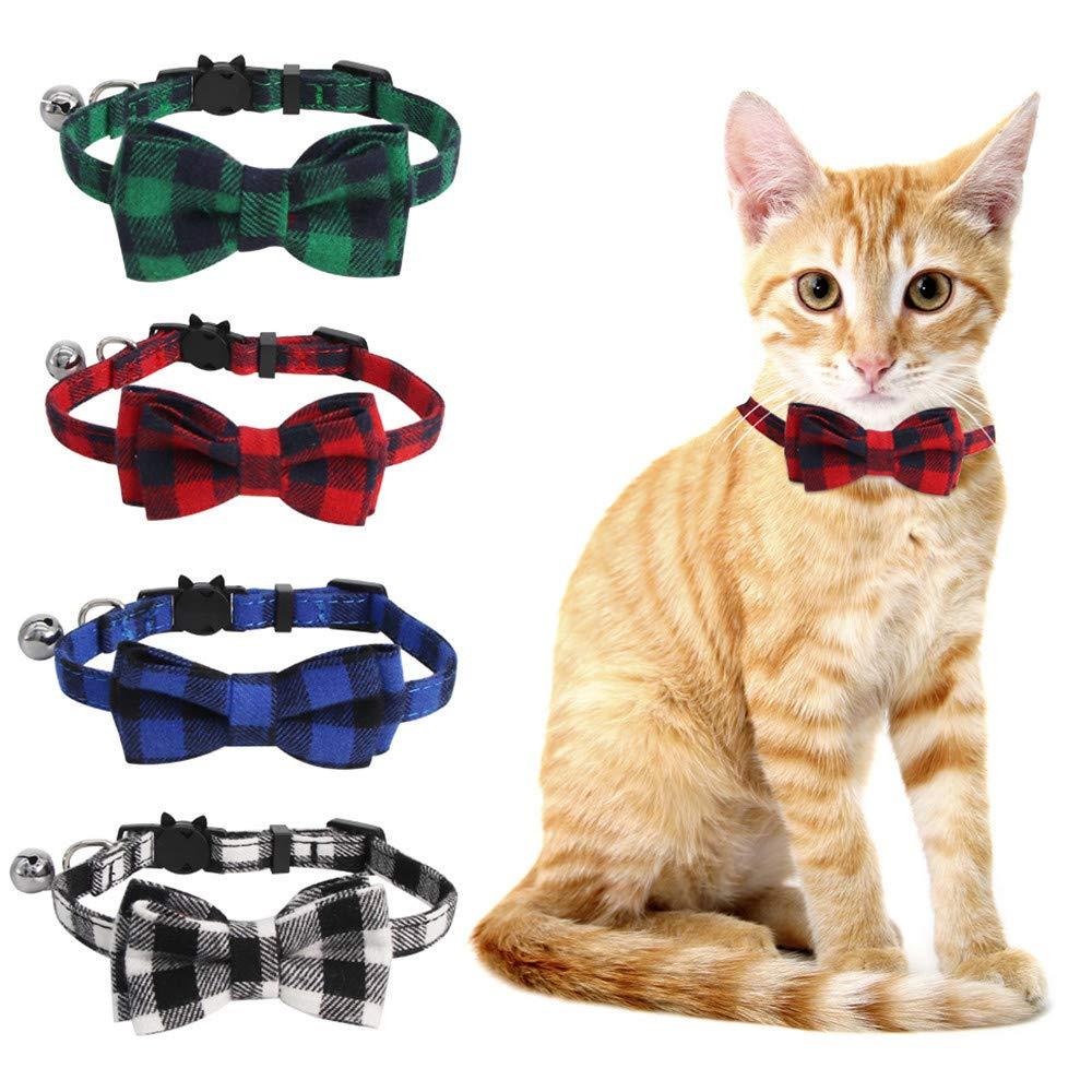 SLSON 4 Pack Cat Collars Breakaway with Bell Cat Collars with Cute Bowtie for Pet Kitten Cats and Small Dogs Pets Adjustable from 8-11In Plaid - PawsPlanet Australia
